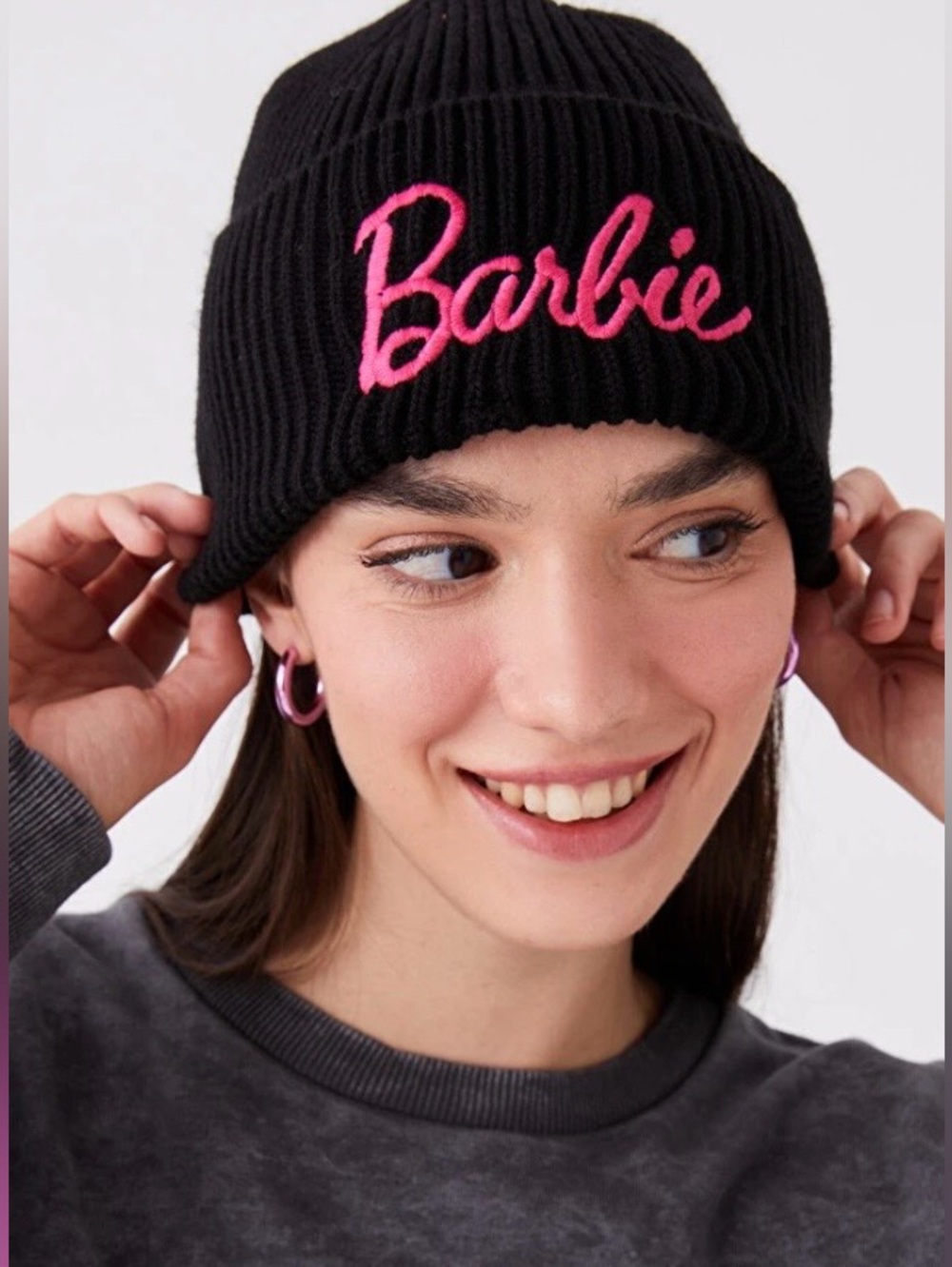 Barbie Black Beanie with Pink Script Logo